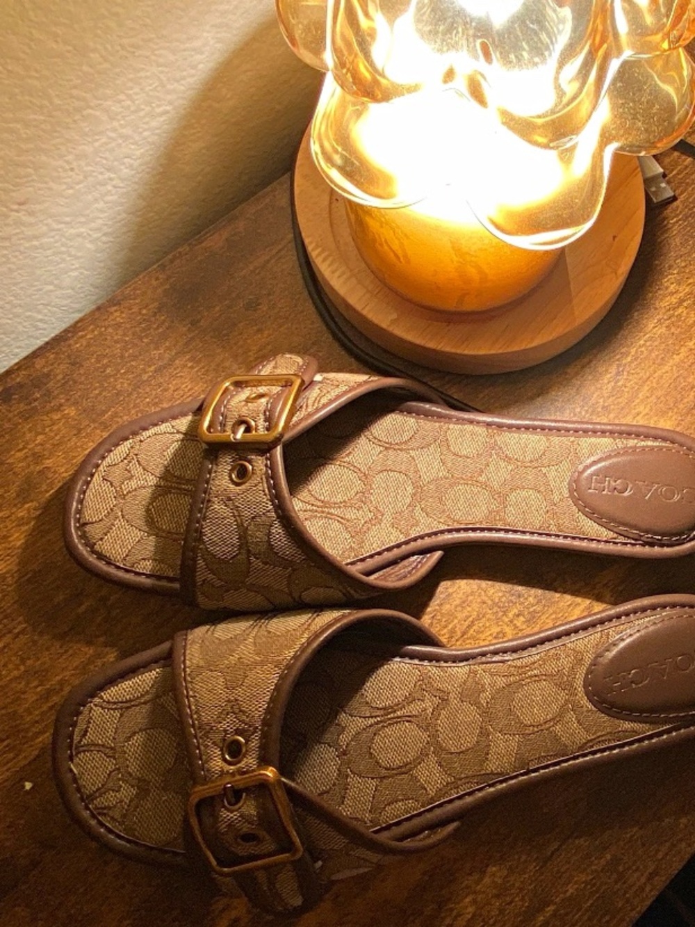 Coach Signature Canvas Women's Slide Sandals in Brown with Gold Buckles